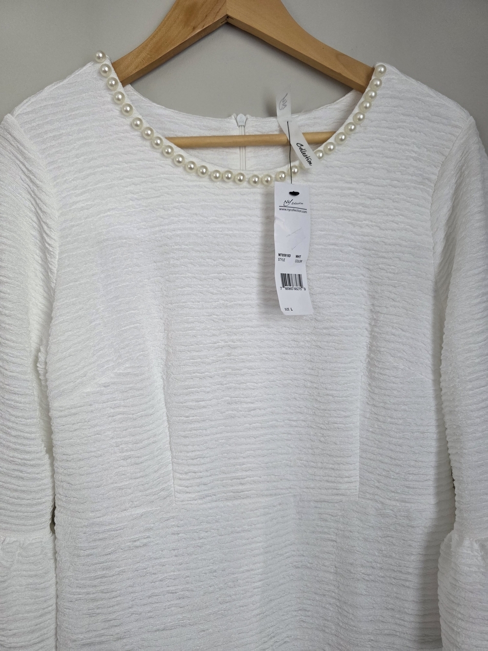 NY Collection White Dress Pearl Neck Ruffle Sleeve Women’s L NWT - Picture 5 of 10
